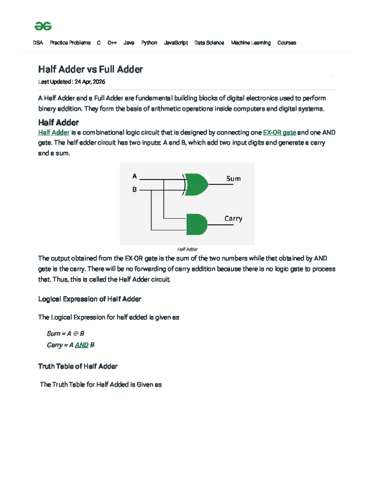Half Adder vs Full Adder: DSA Concepts in Digital Electronics - Studocu