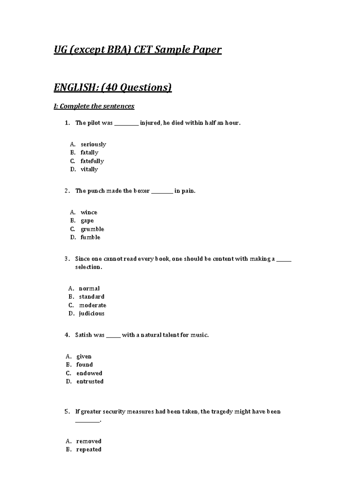 UG CET Sample Paper for English & Mathematics Preparation - Studocu