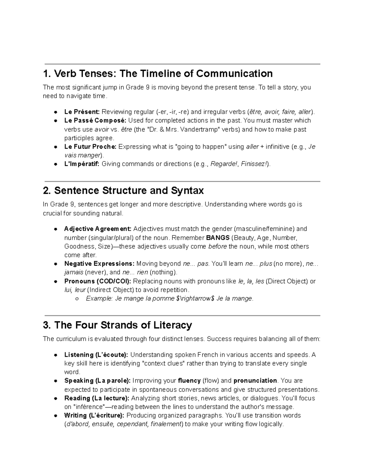Grade 9 French Review: Mastering Verb Tenses & Sentence Structure - Studocu
