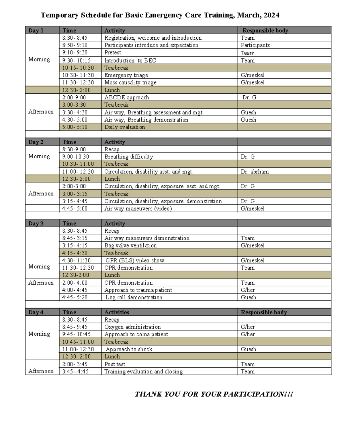 BEC Training Schedule: Basic Emergency Care, March 2024 - Studocu