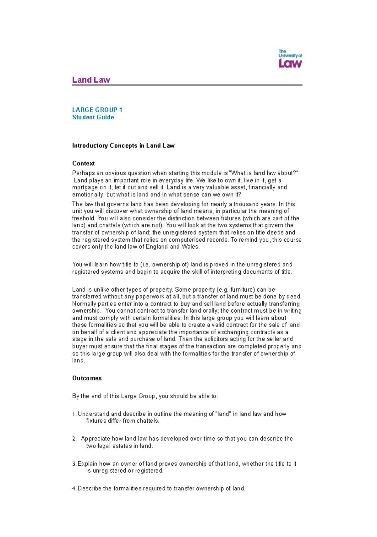 Land Law LARGE GROUP 1: Introductory Concepts and Ownership - Studocu