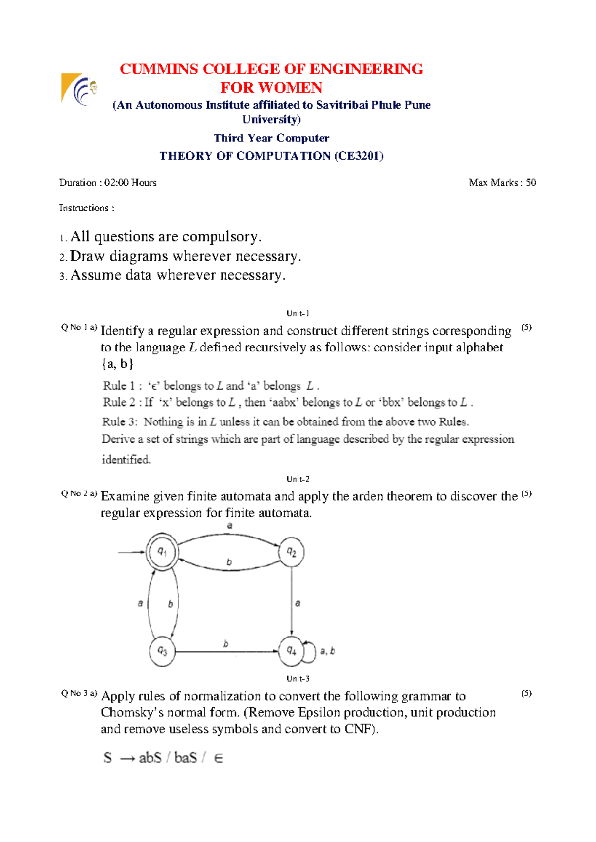 Theory of Computation JUNE-2021 Sem- II SET-7 (T.Y.B.Tech COMP ...