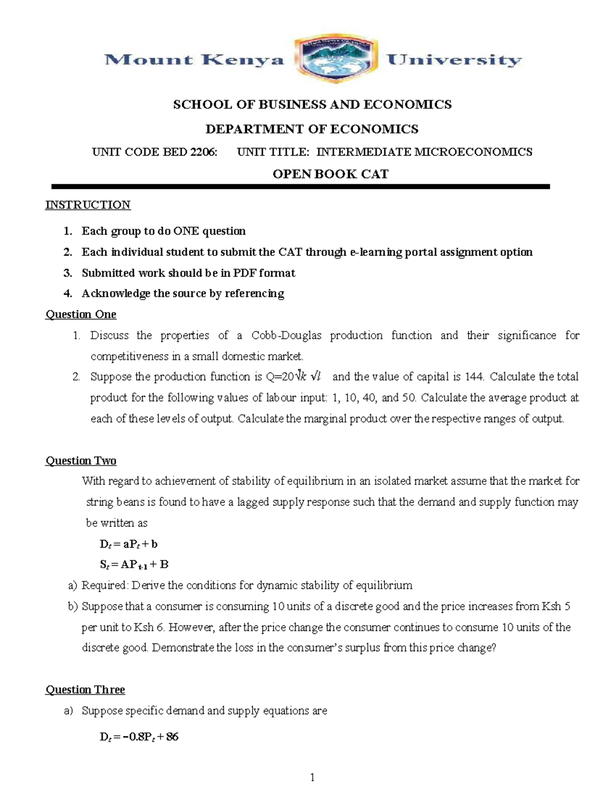 BED 2206 Open Book CAT - Intermediate Microeconomics Course Notes - Studocu