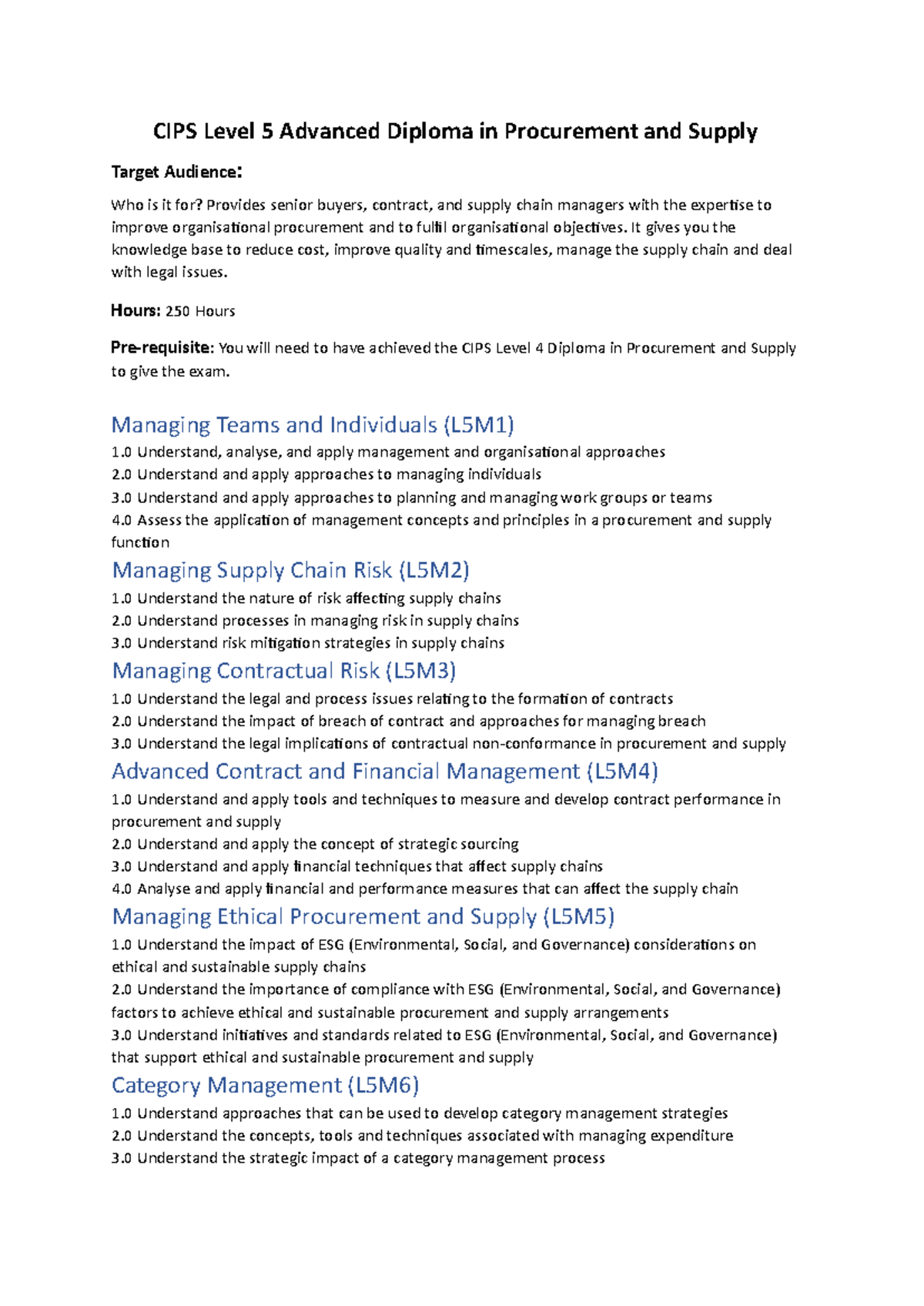 CIPS Level 5 Advanced Diploma in Procurement & Supply Overview - Studocu