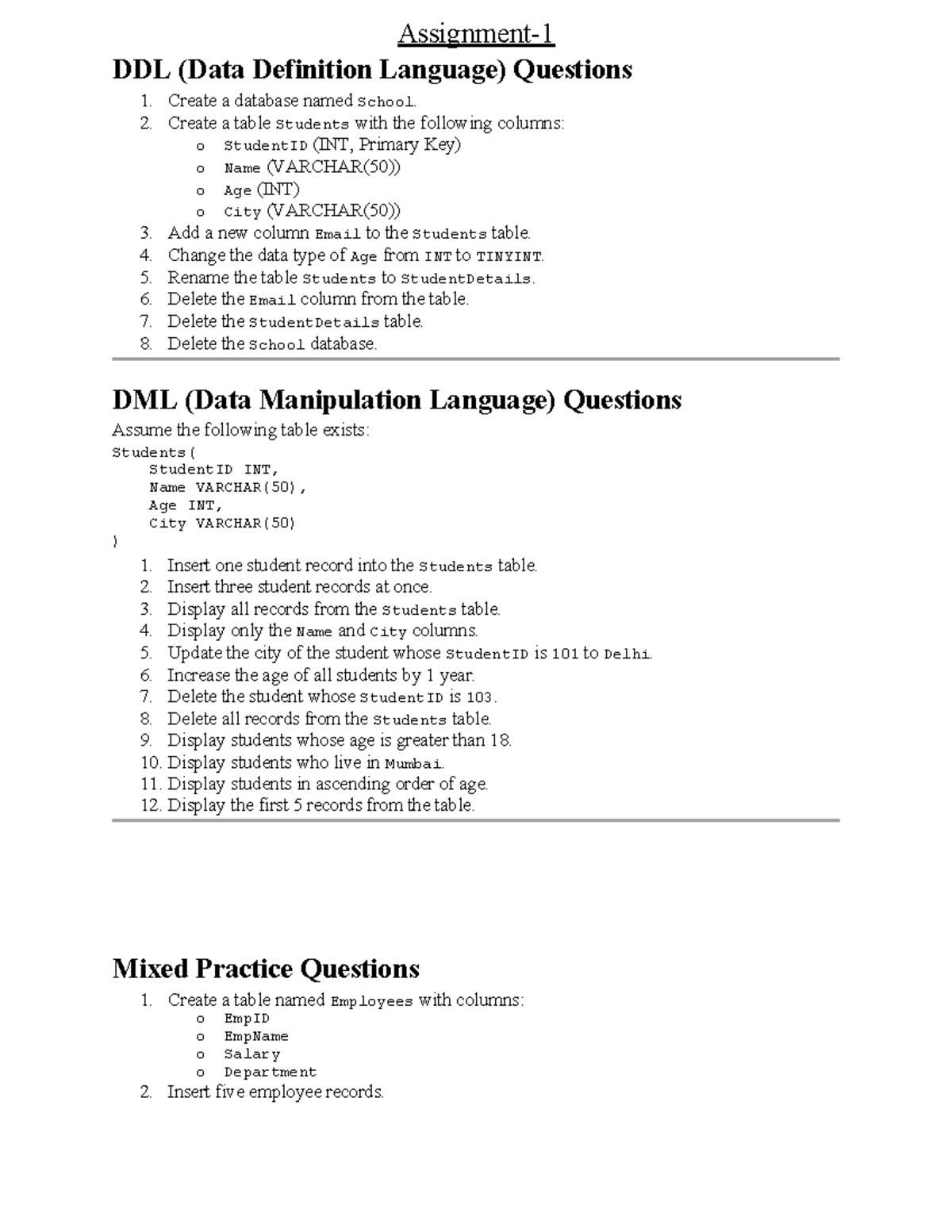 DDL and DML Questions for Database Management (Assig 1) - Studocu
