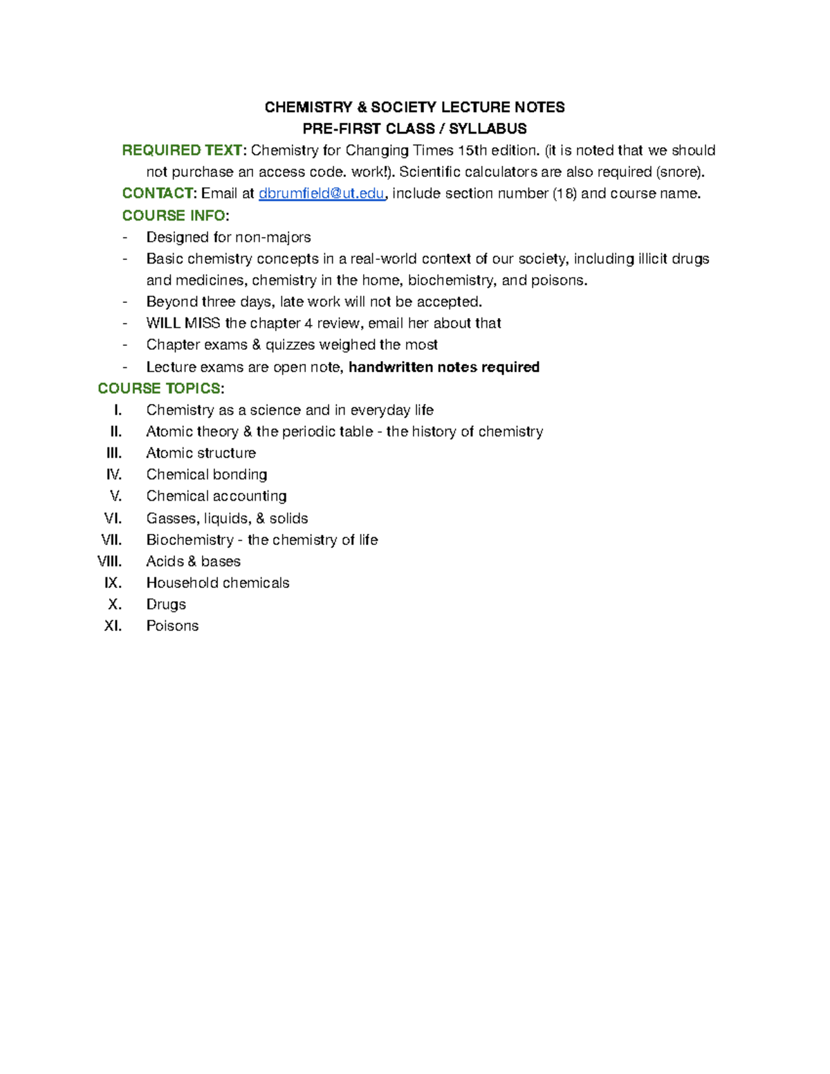 CHEM 101: Chemistry & Society Lecture Notes Overview - Studocu
