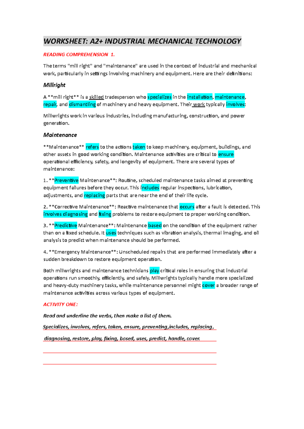 WORKSHEET: INDUSTRIAL MECHANICAL TECH READING COMPREHENSION 1 & 2 - Studocu