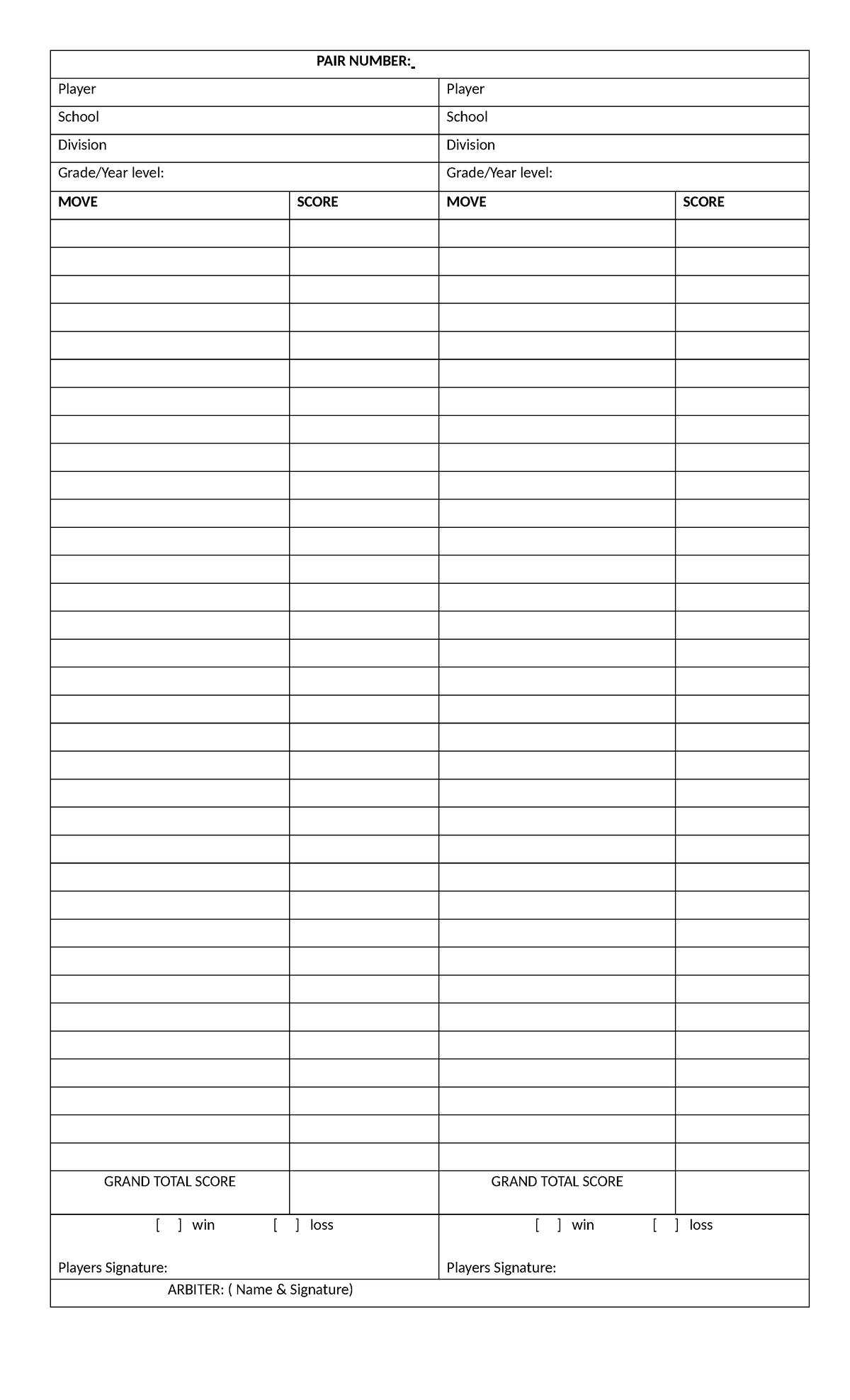 Damath Scoresheet - mathematics - PAIR NUMBER: Player Player School ...