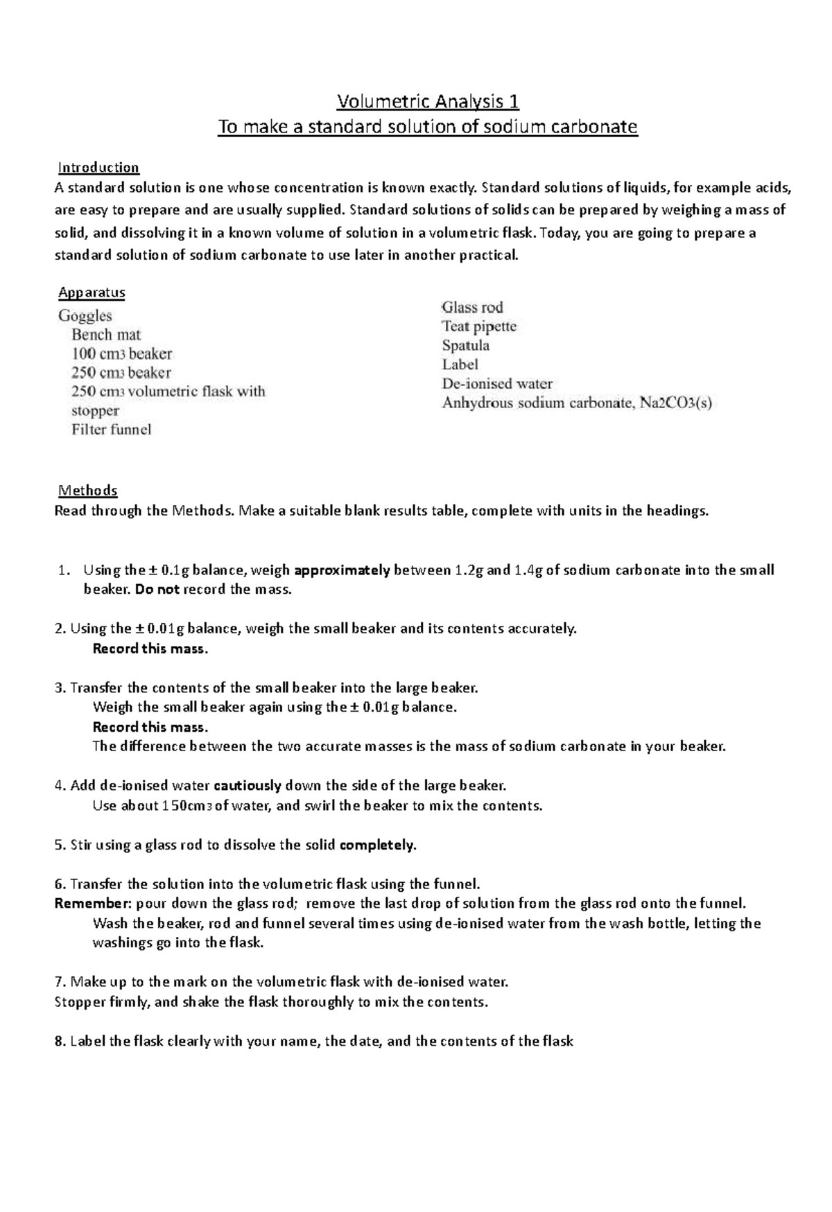 Standard Solution Preparation for Volumetric Analysis 1 - Studocu