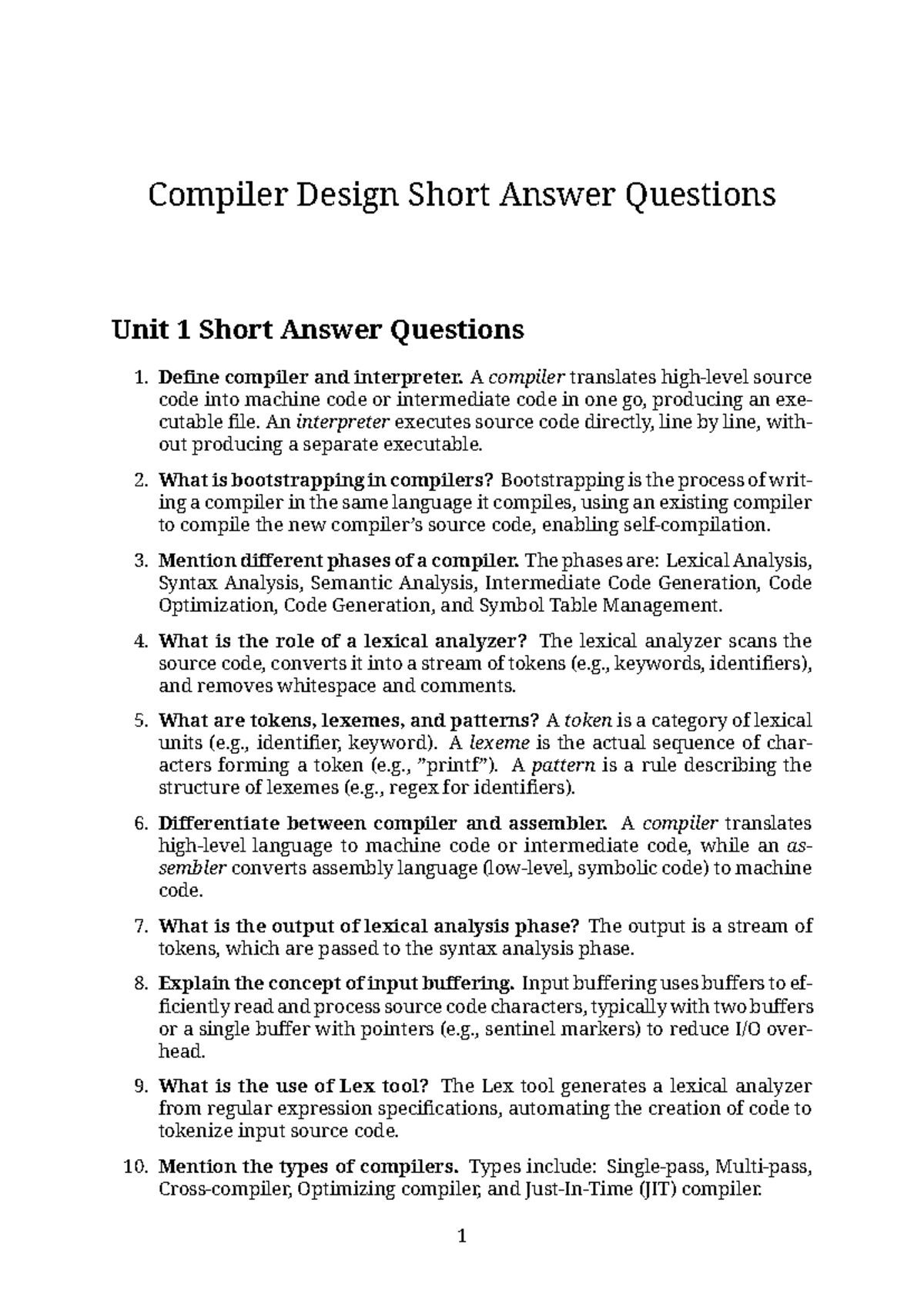 Compiler Design Short Answer Questions - Units 1 to 5 - Studocu