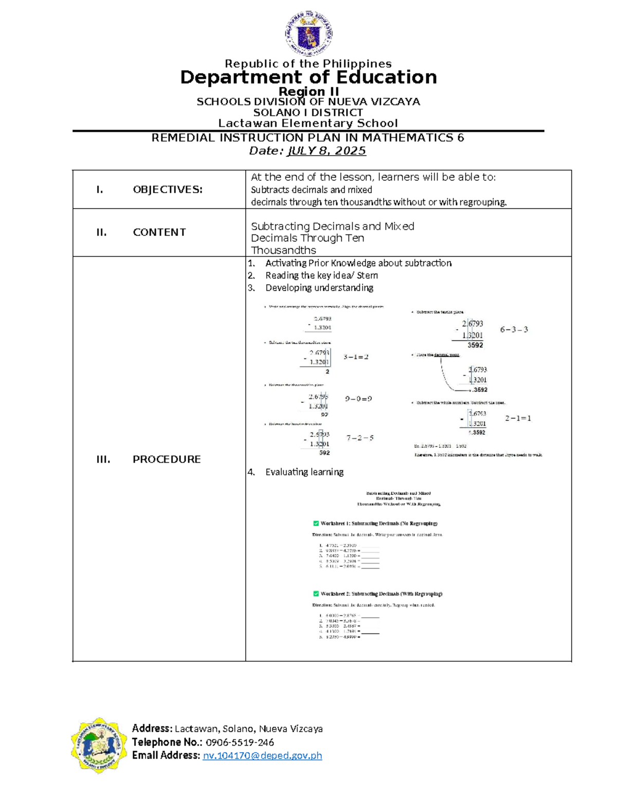 Remedial Instruction Plan in Mathematics 6 - Nueva Vizcaya - Studocu