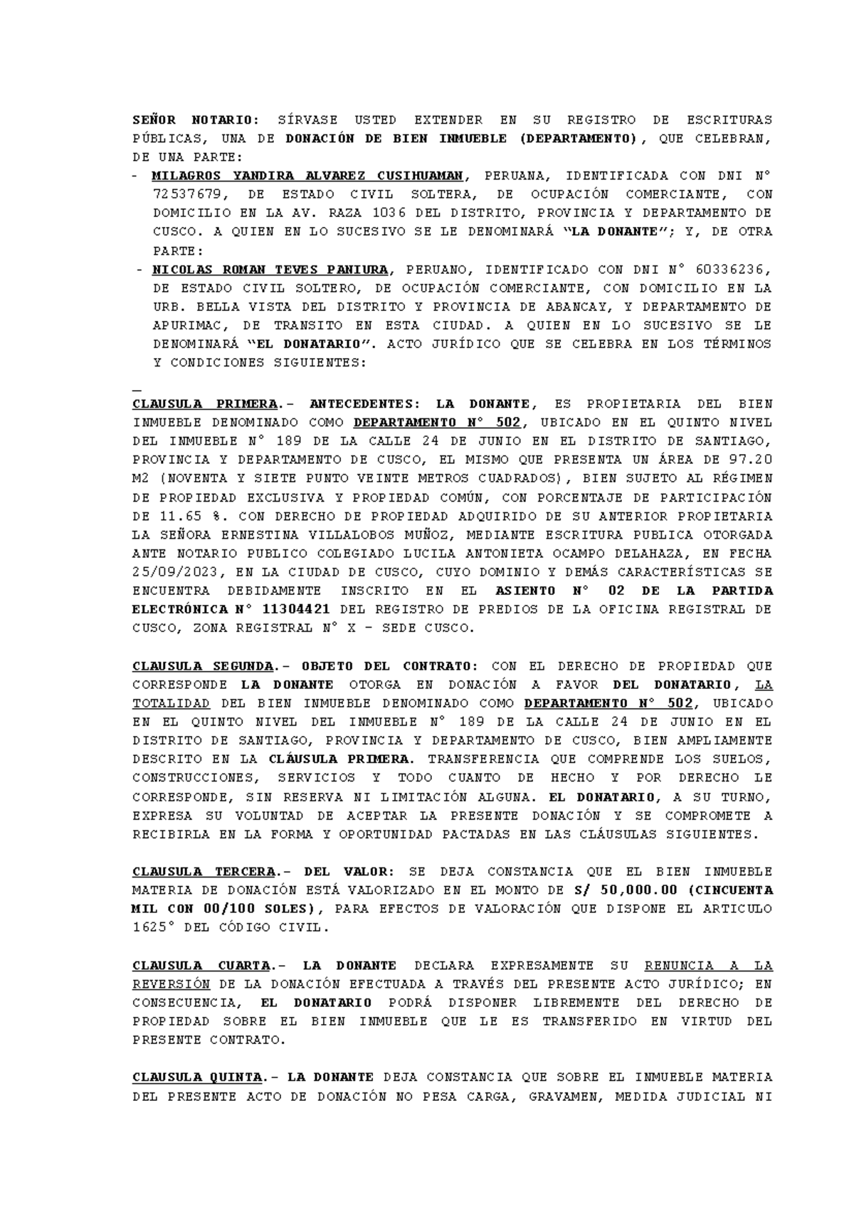 MODELO DE MINUTA DE DONACIÓN DE BIEN INMUEBLE EN CUSCO - Document Preview