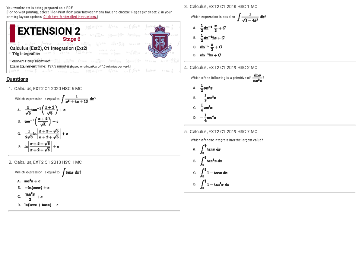 Calculus EXT2 C1 2018-2024 HSC MC Questions & Solutions - Studocu