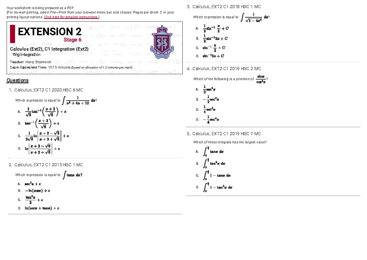 Calculus EXT2 C1 2025 HSC Substitution Techniques and Examples - Studocu