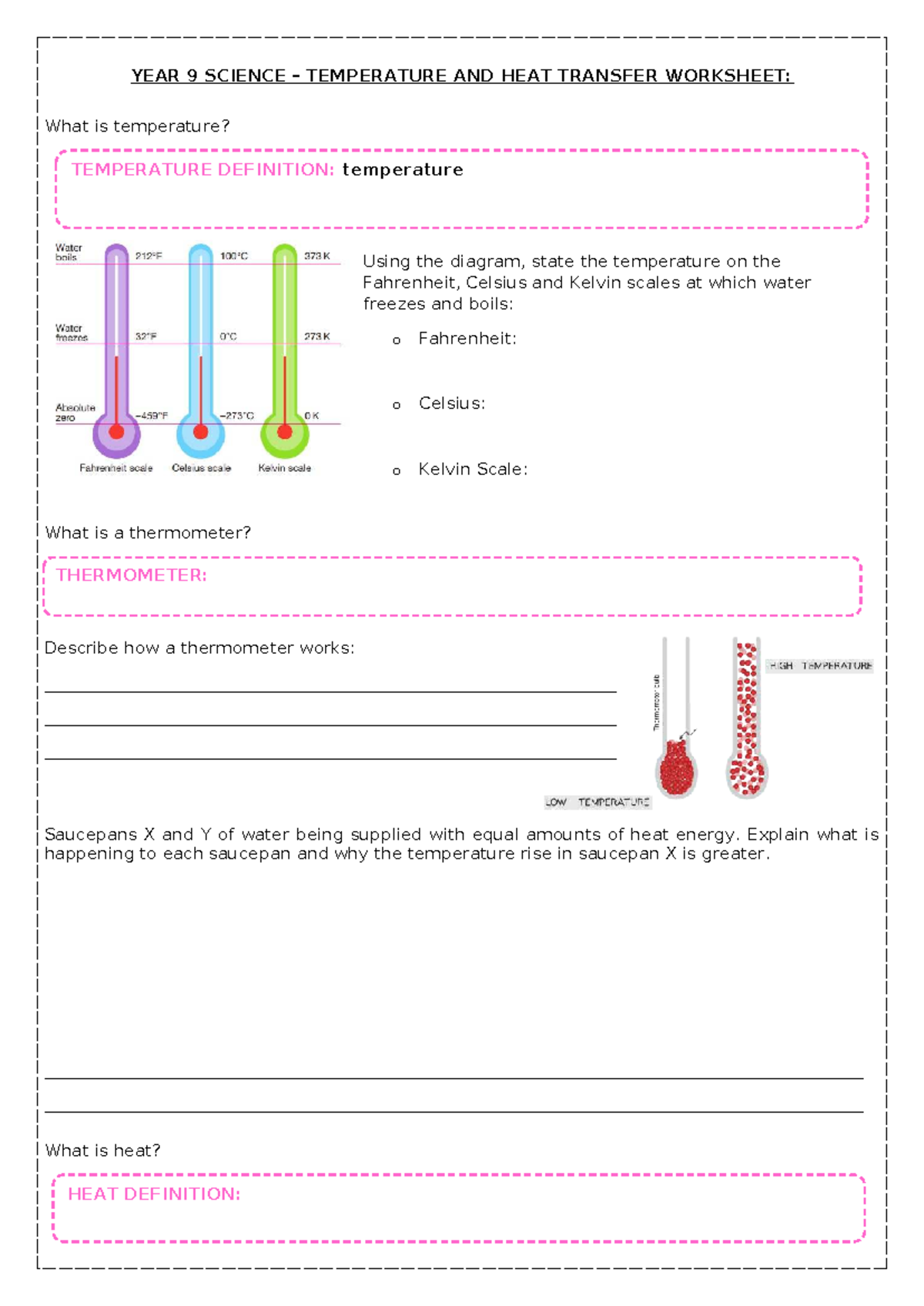 YEAR 9 SCIENCE: HEAT TRANSFER WORKSHEET & TEMPERATURE CONCEPTS - Studocu