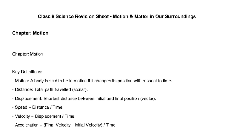 Class 9 Science Revision: Motion & Matter Concepts and Key Definitions ...