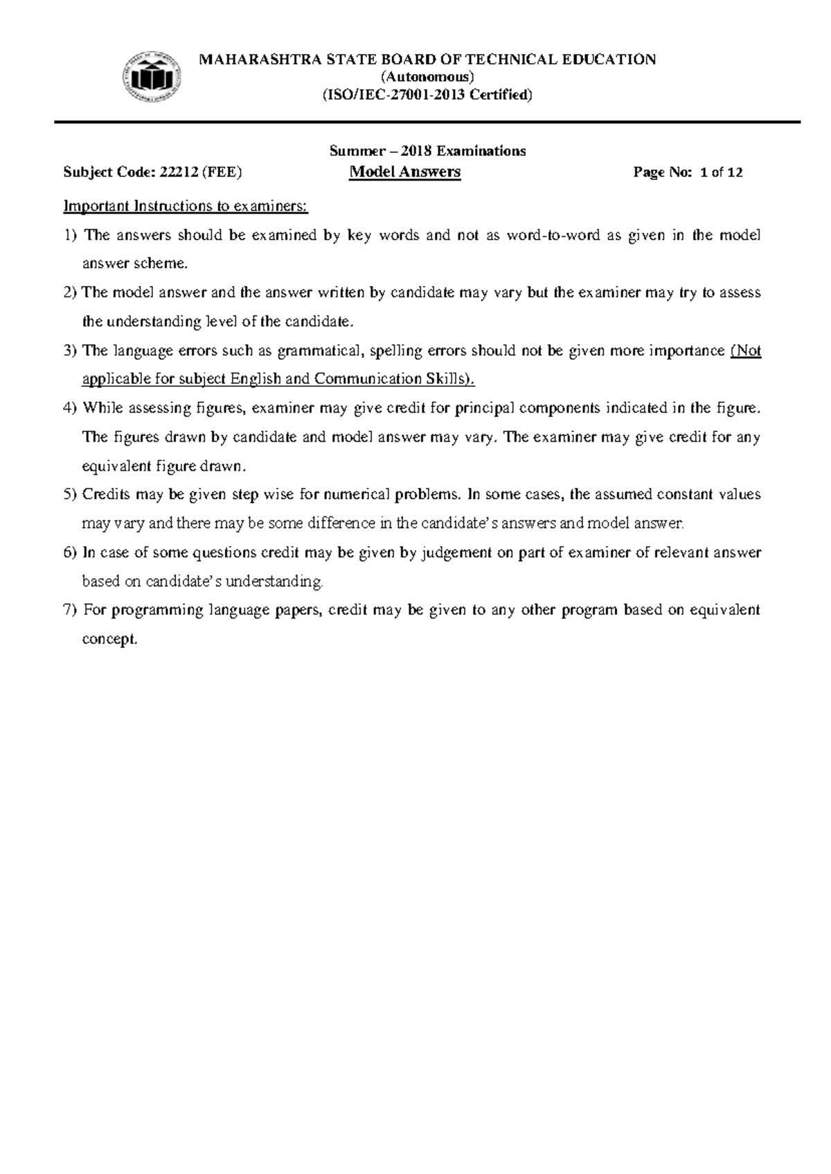 Model Answer Paper for Subject Code 22212 - Summer 2018 Exam - Studocu