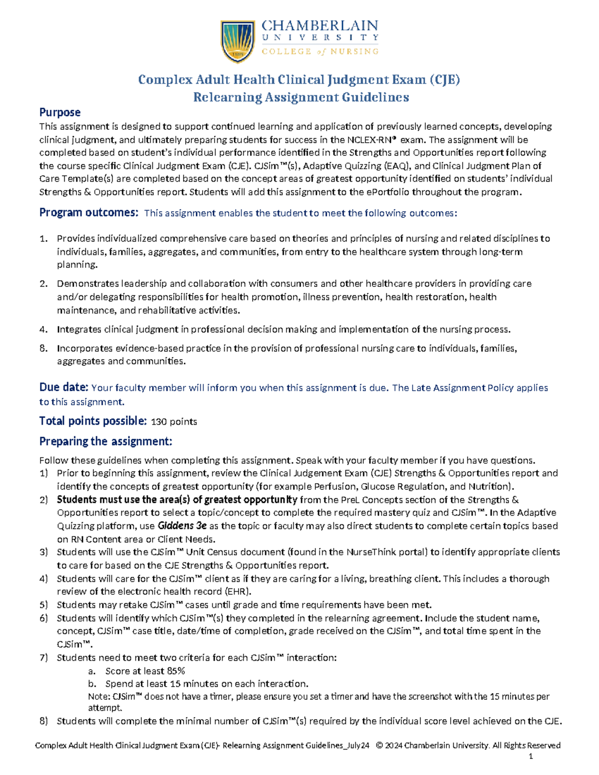Complex Adult Health CJE Relearning Assignment Guidelines (July 2024 ...