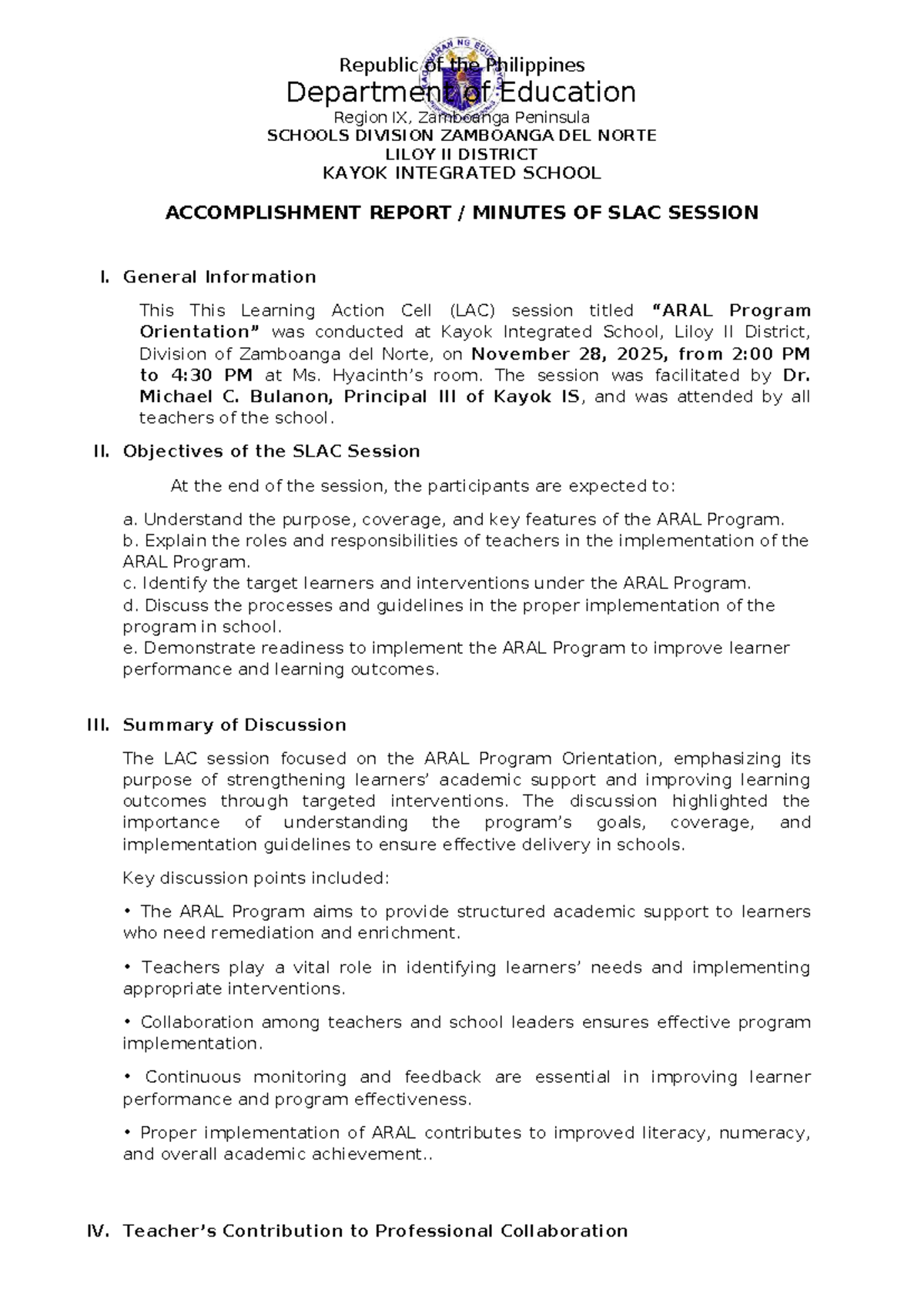ARAL Program SLAC Session Minutes - Kayok Integrated School - Studocu