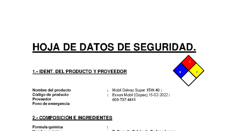 1. Ficha de seguridad Aceite de motor - Mobil - HOJA DE DATOS DE
