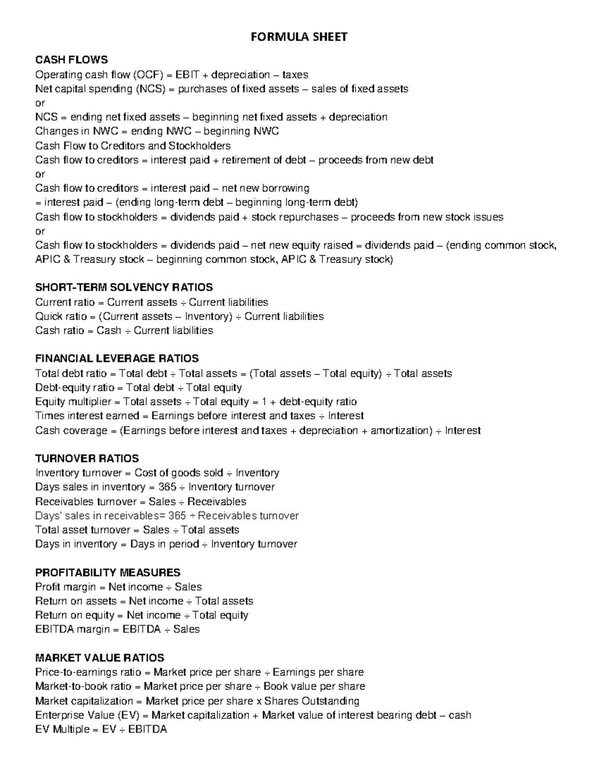Midterm Formula Sheet for Cash Flows & Financial Ratios - Studocu
