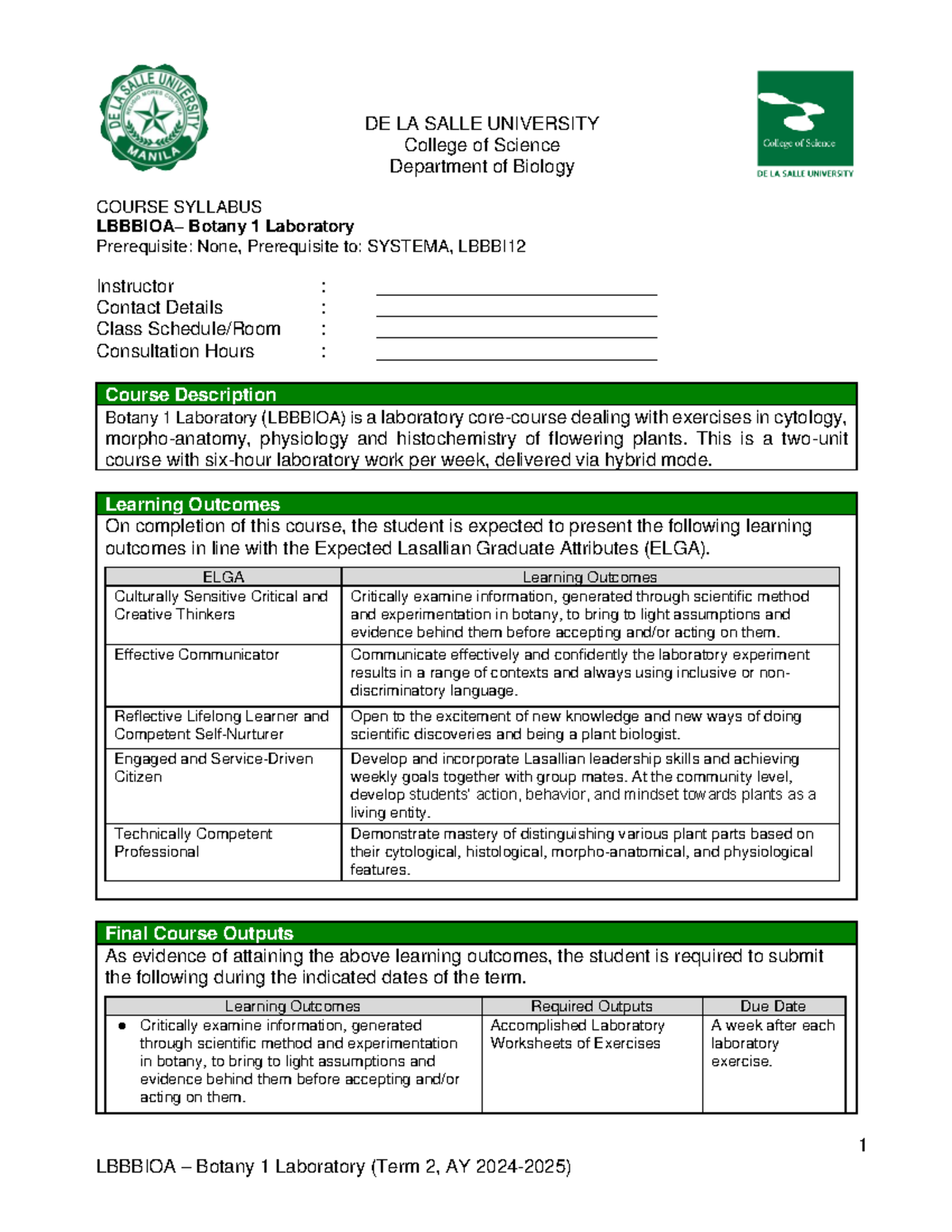 LBBBIOA Syllabus: Botany 1 Laboratory Course Overview AY 24-25 - Studocu