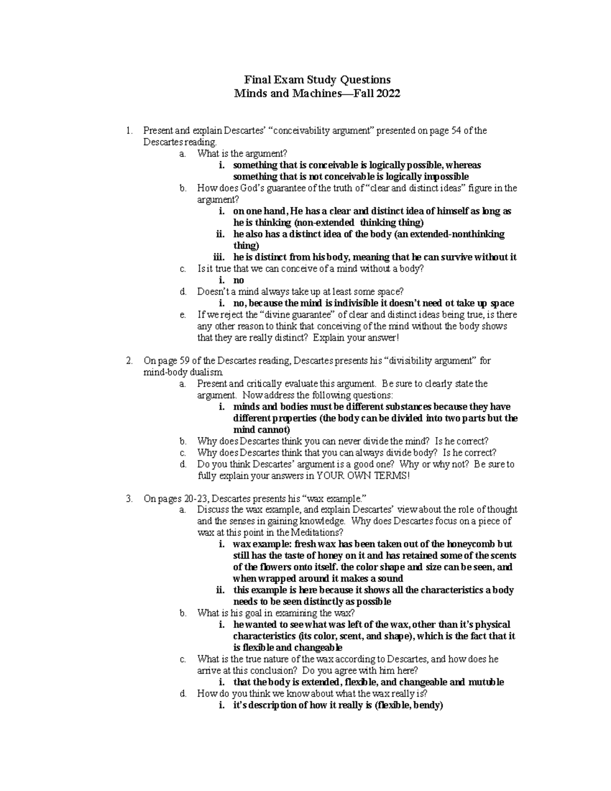 Final Exam Study Questions, Fall 2022 - Final Exam Study Questions ...
