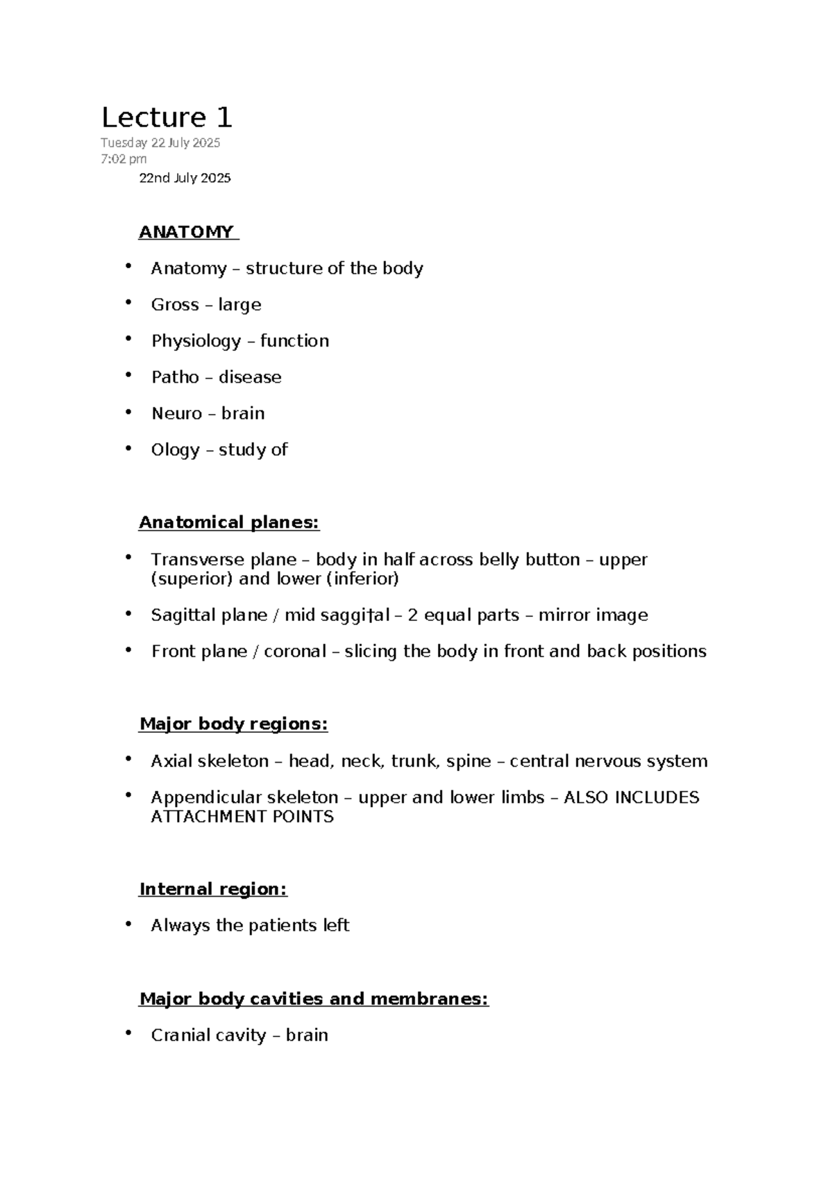 Lecture 1: Anatomy and Physiology Overview - 22 July 2025 - Studocu