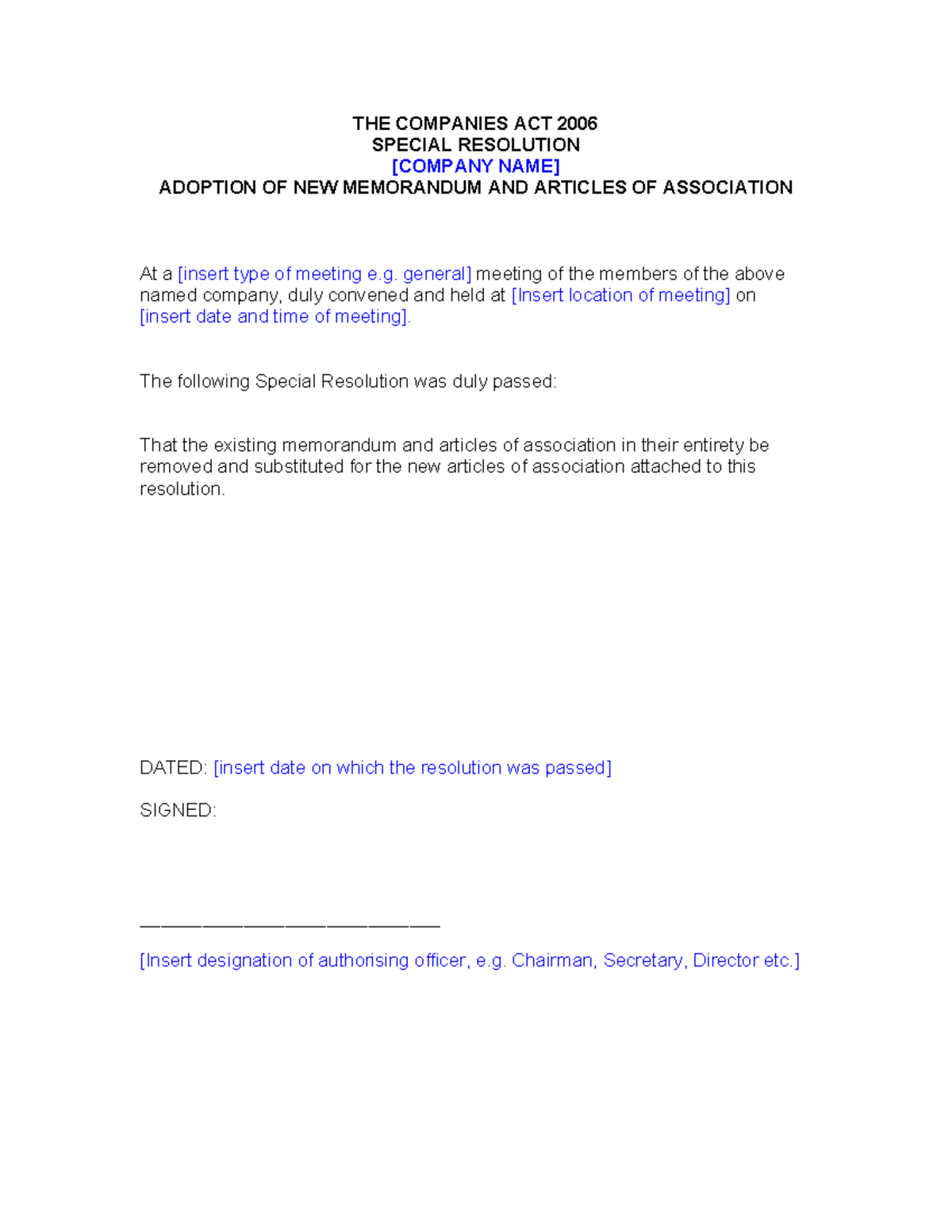 Special Resolution for Amending Memorandum & Articles of Association ...