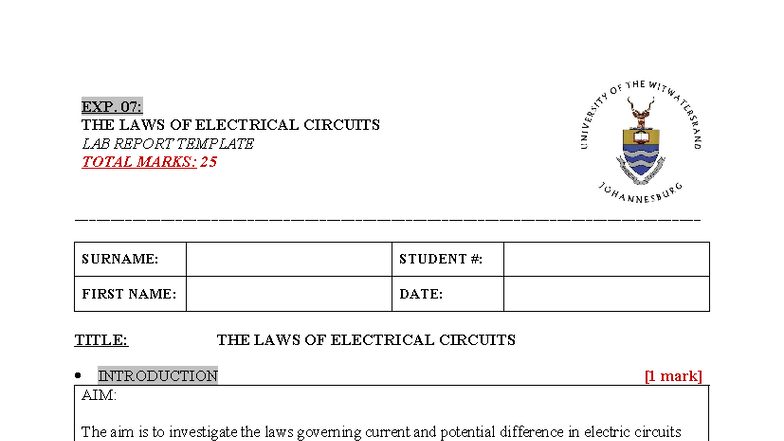 EXP. 07: LAB REPORT TEMPLATE ON ELECTRICAL CIRCUITS (TOTAL MARKS: 25 ...