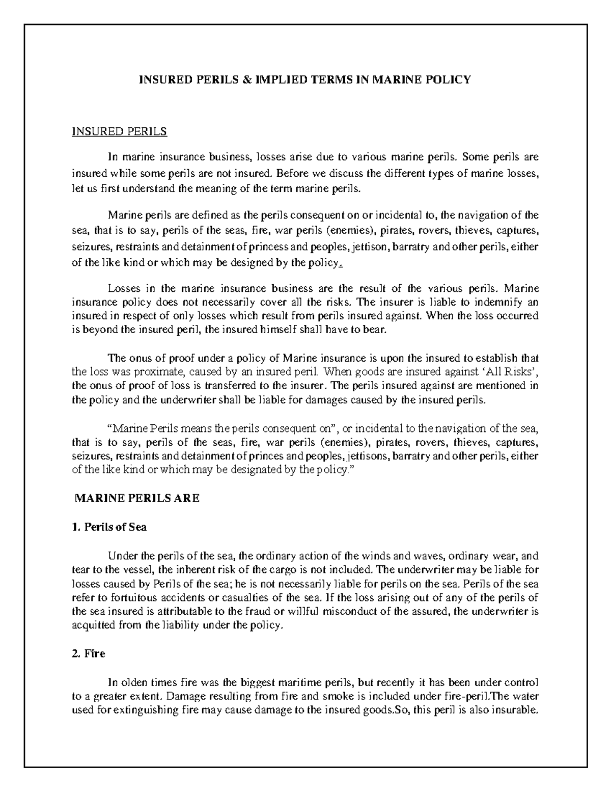 Insured Perils Implied Terms IN Marine Policy - INSURED PERILS ...
