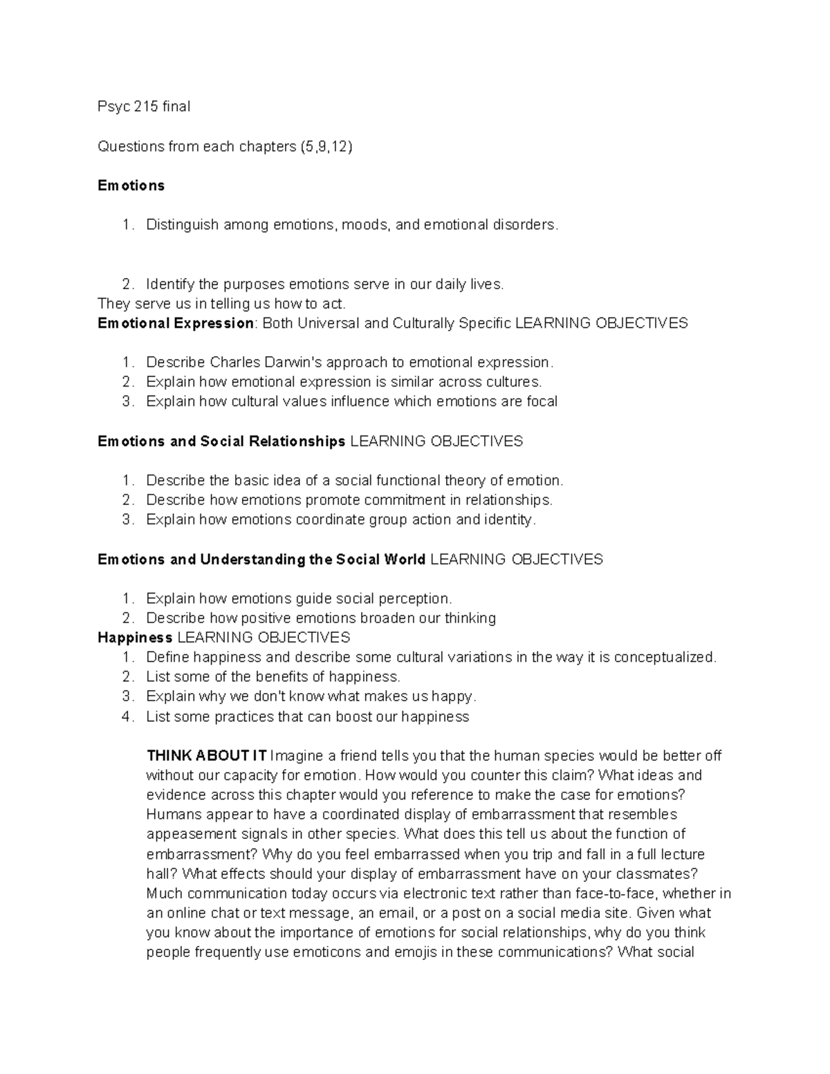 Psyc 215 Final Exam Study Guide: Emotions & Social Relationships - Studocu