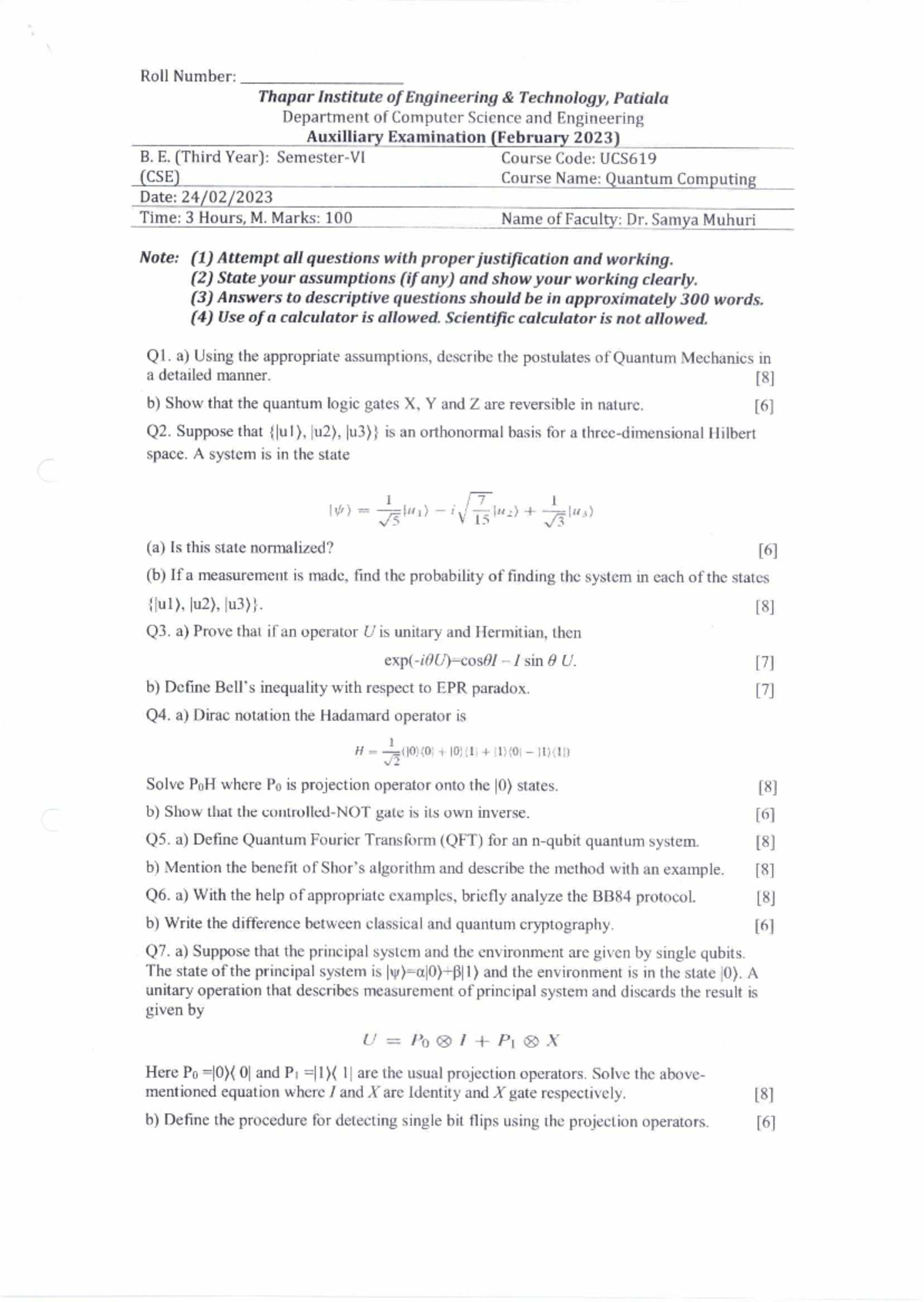 UCS619 - Quantum Computing Exam Notes (Auxiliary February 2023) - Studocu