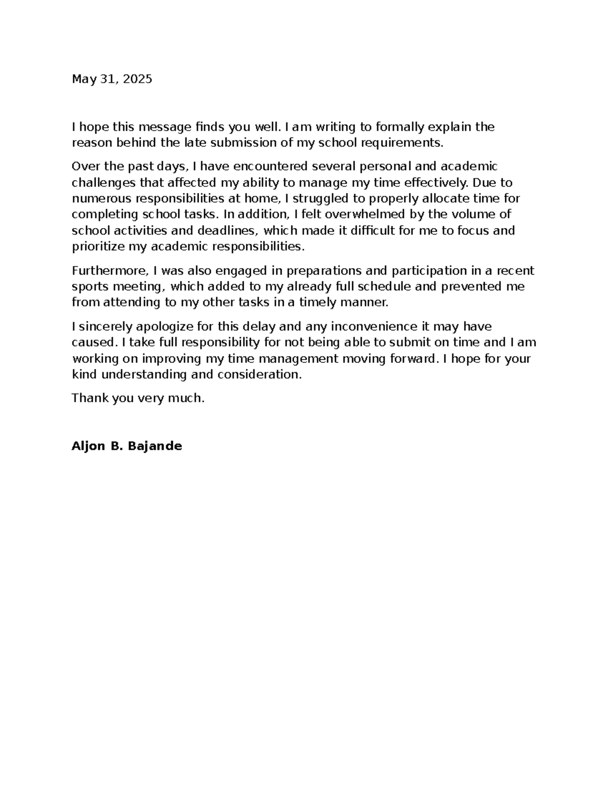 Justification Letter for Late Submission - DCERFVD3 - Studocu