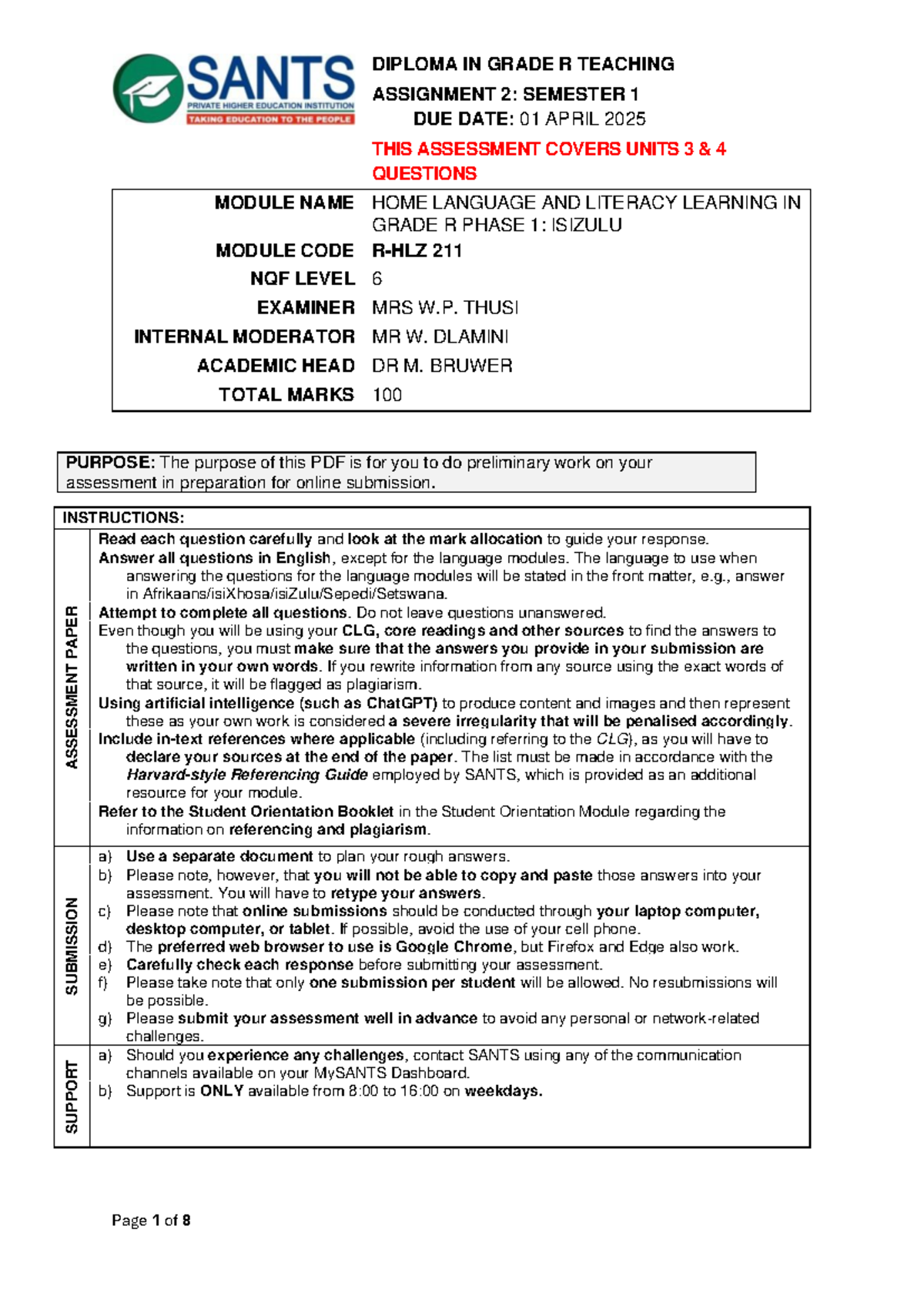Assignment 2: Home Language & Literacy in Grade R (R-HLZ 211) - Studocu
