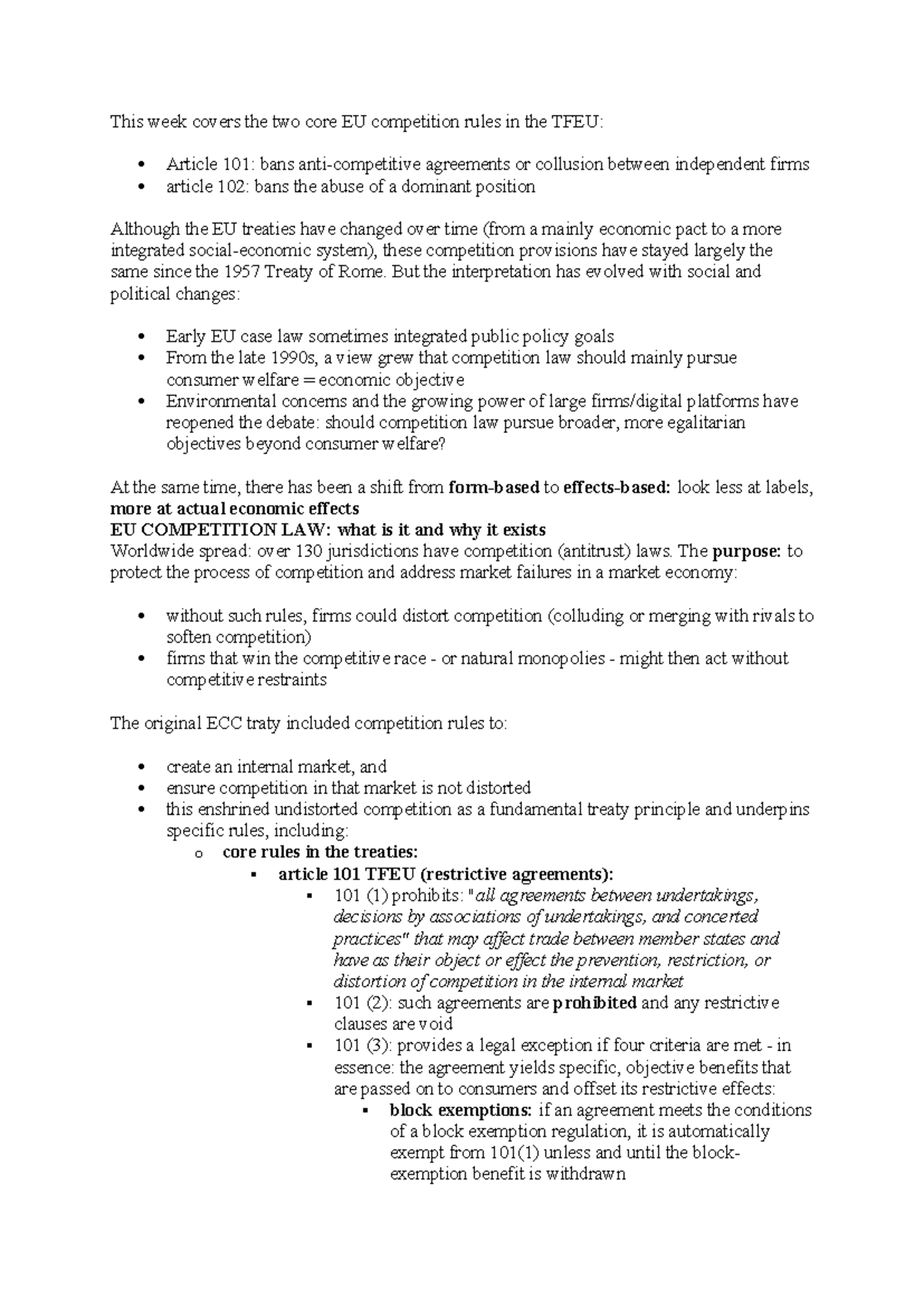 Week 5 EU Law: Core Competition Rules in TFEU - Articles 101 & 102 ...