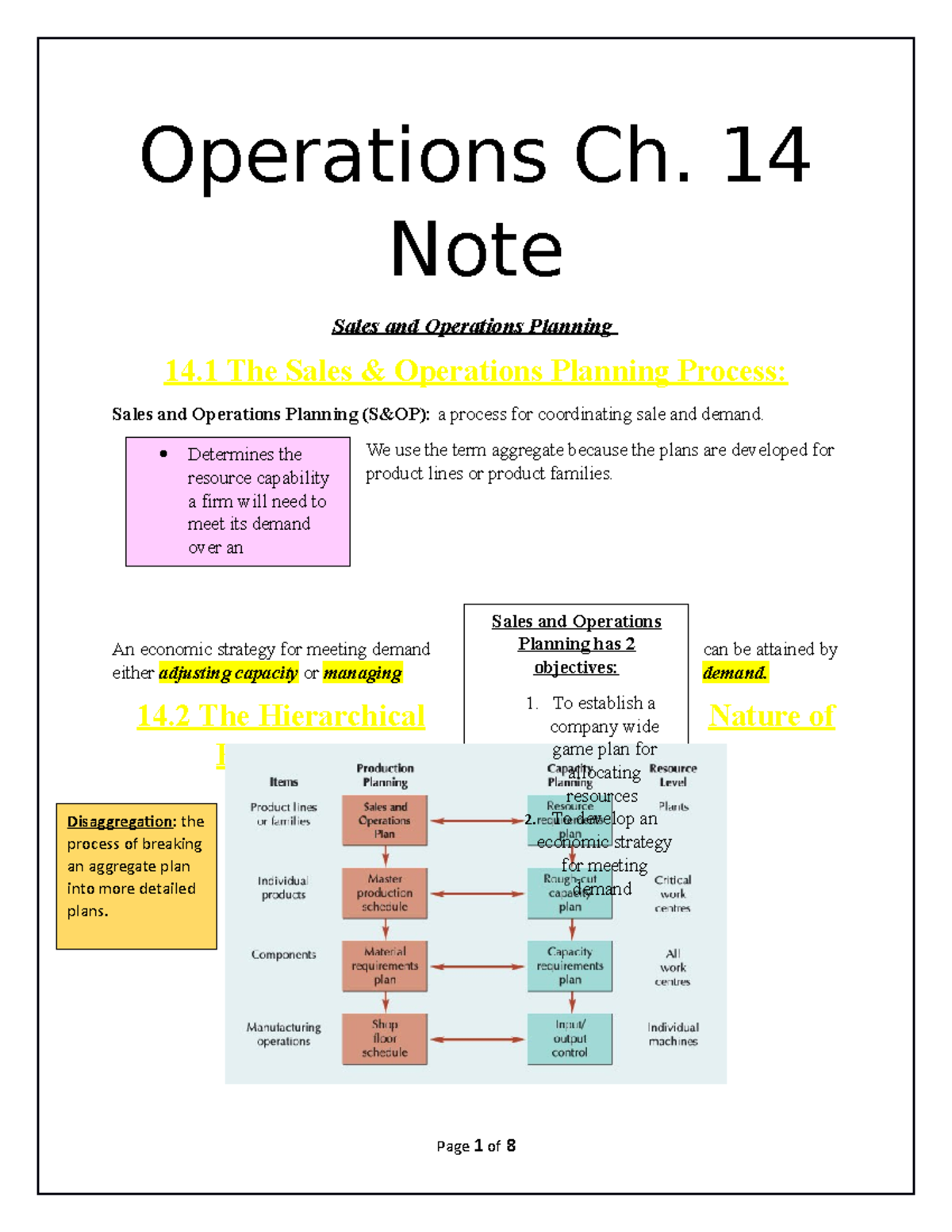 Operations Ch 14 Note - Operations Ch. 14 Note Sales and Operations ...