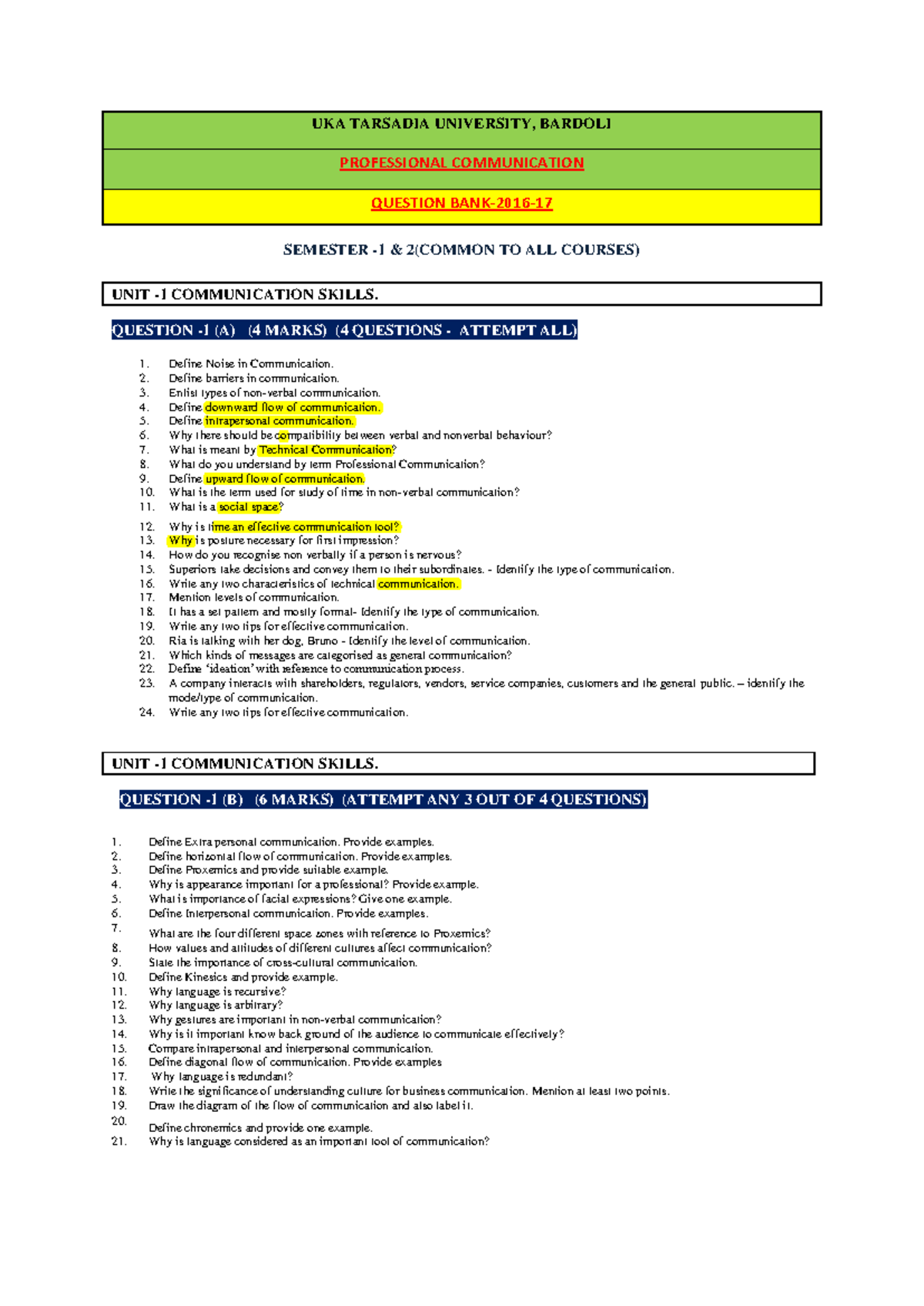 PC-Question Bank for Professional Communication - Sem 1 & 2 (2016-17 ...