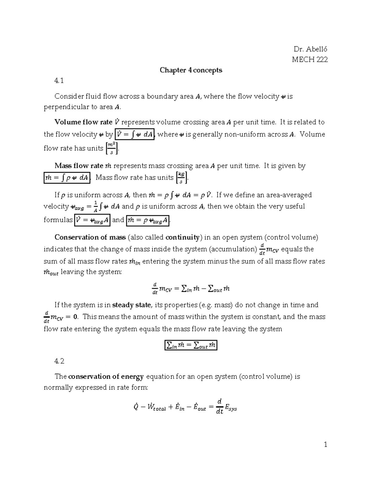 Chapter 4 concepts (first law open system) rev B - Dr. Abelló MECH 222 ...