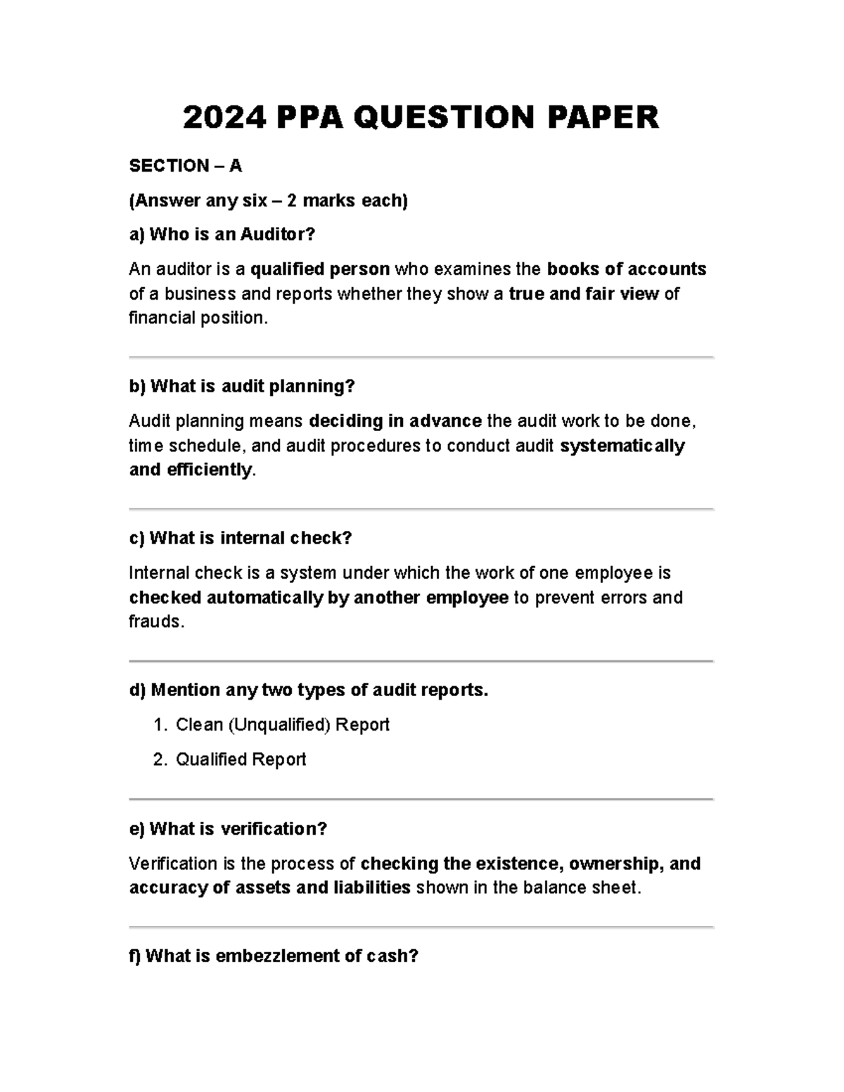 PPA 2024 Final Exam Question Paper: Auditing Concepts and Procedures ...