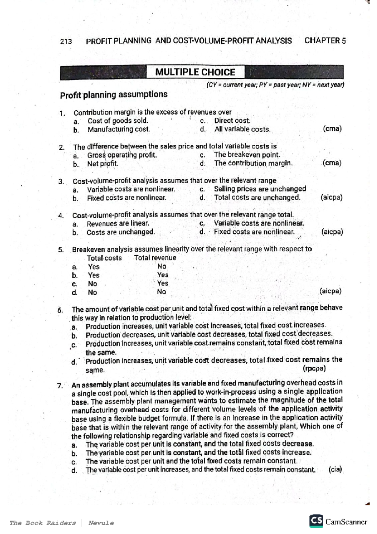 Profit Planning and Analysis (213) - Chapter 5 MCQ Review - Studocu