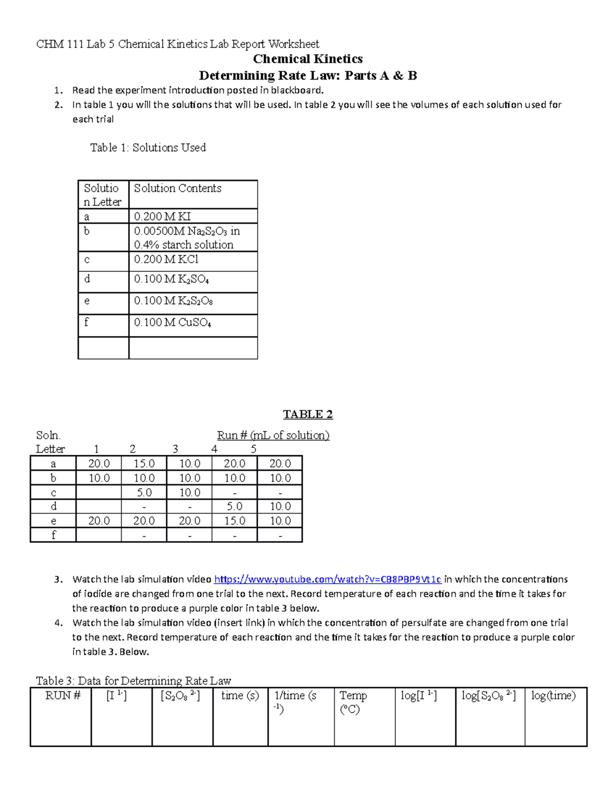 CHM 111 Experiment 5 - Lab filled in - CHM 111 Lab 5 Chemical Kinetics ...