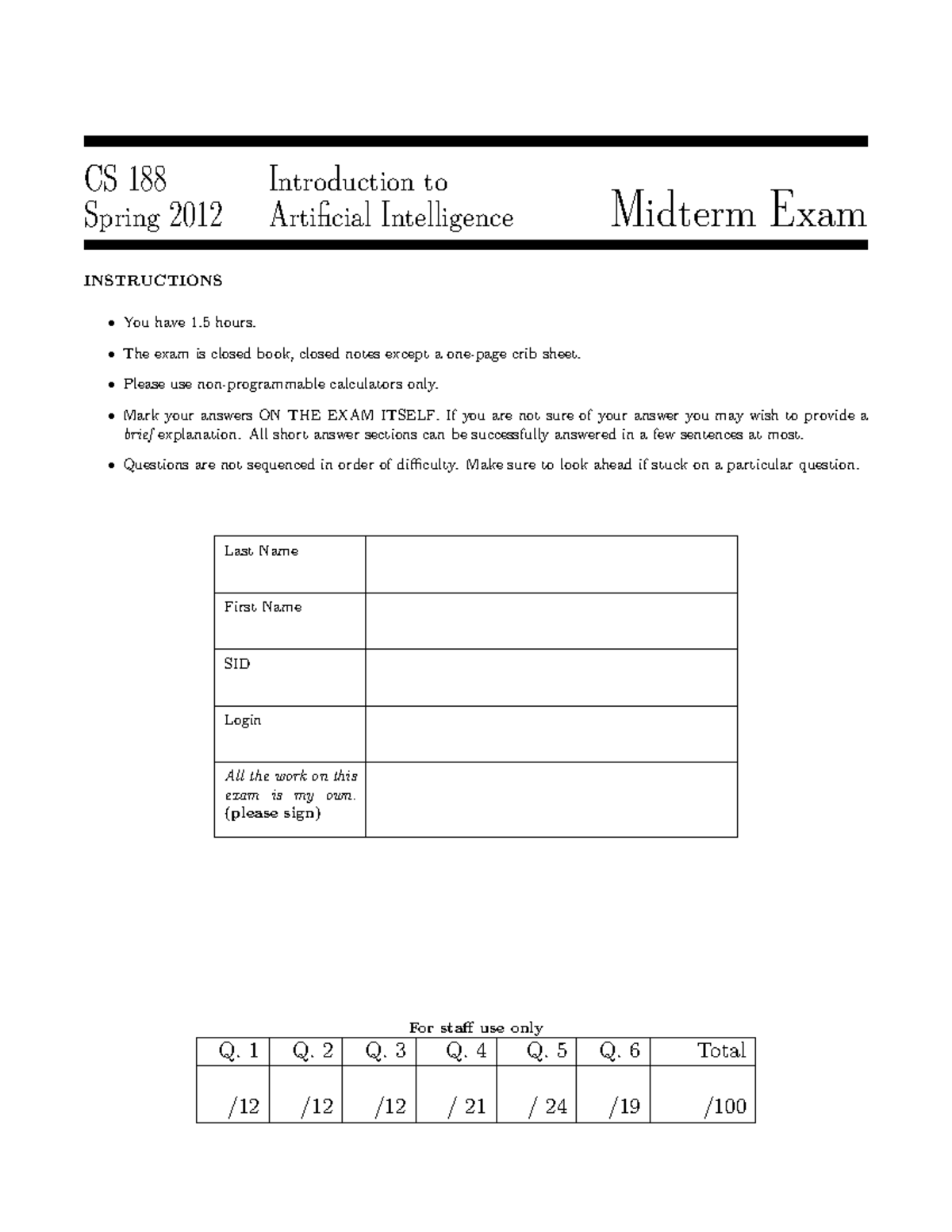 CS 188 Spring 2012 AI Midterm Exam Solutions - Studocu