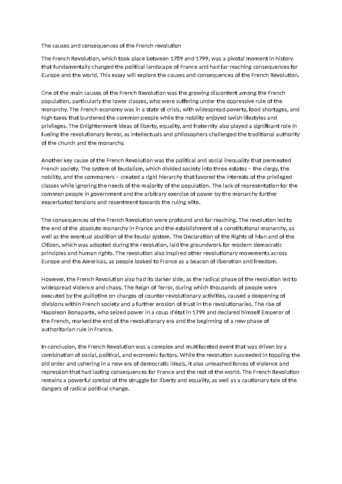 French Revolution: Causes and Consequences - Essay Notes - Studocu