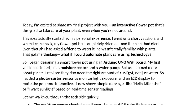 CS207 Final Project Presentation: Smart Interactive Flower Pot - Studocu
