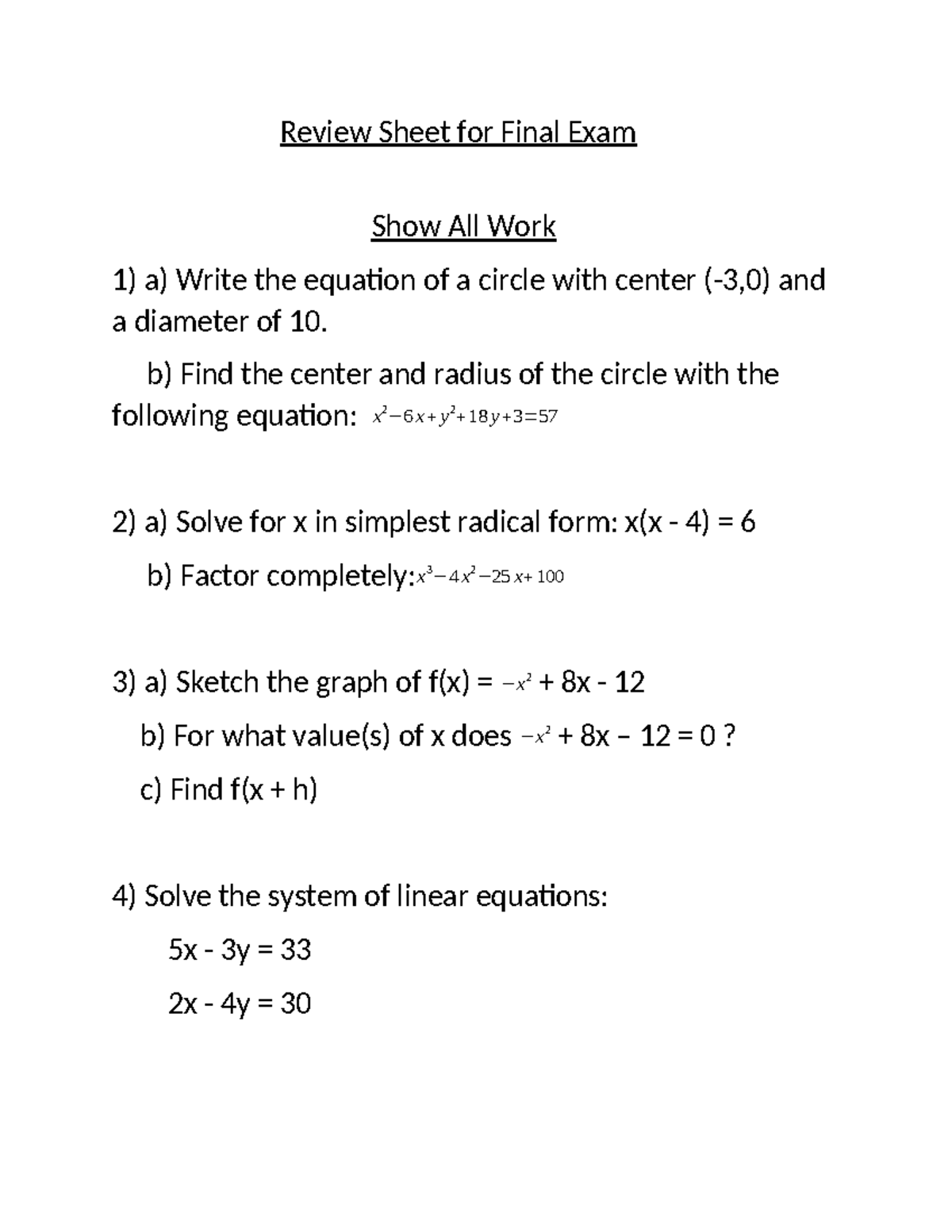 Math 115 Final Exam Review Sheet: Key Topics and Practice Problems ...