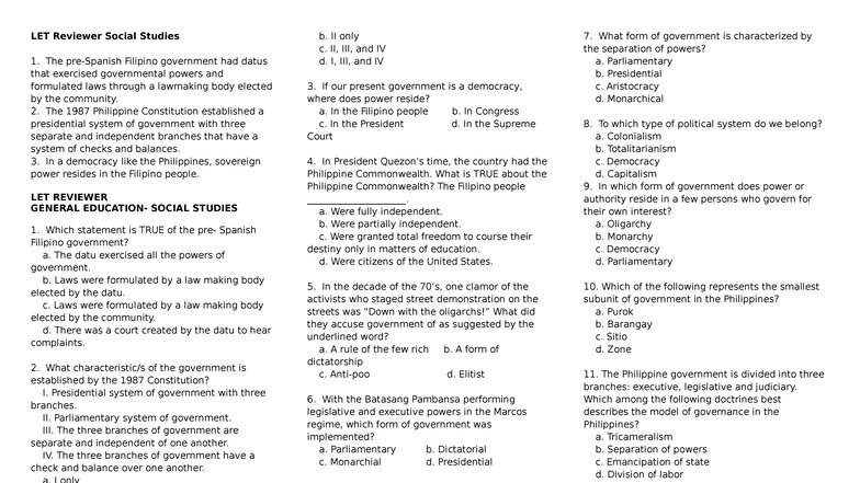 LET Reviewer in Social Studies: Philippine Government and History - Studocu
