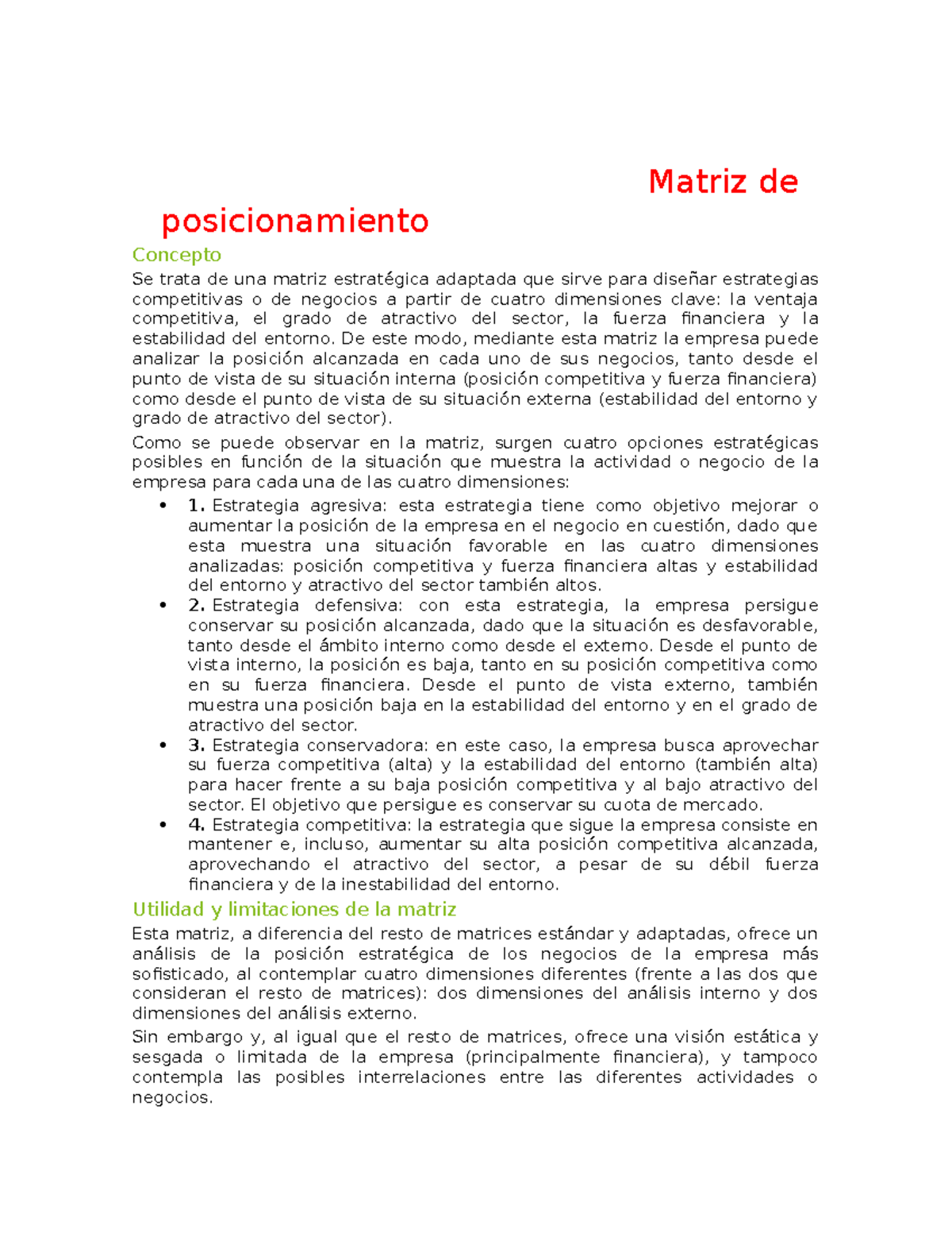 Matriz de Posicionamiento: Estrategias Competitivas y Análisis - Studocu