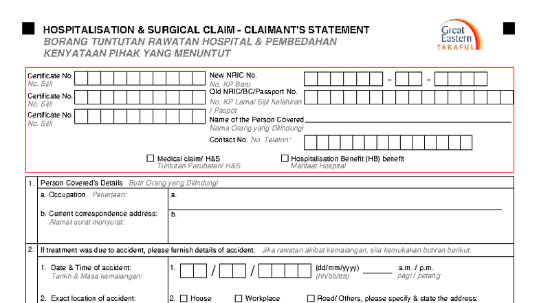 HOSPITALISATION SURGICAL CLAIM STATEMENT - GREAT EASTERN TAKAFUL - Studocu