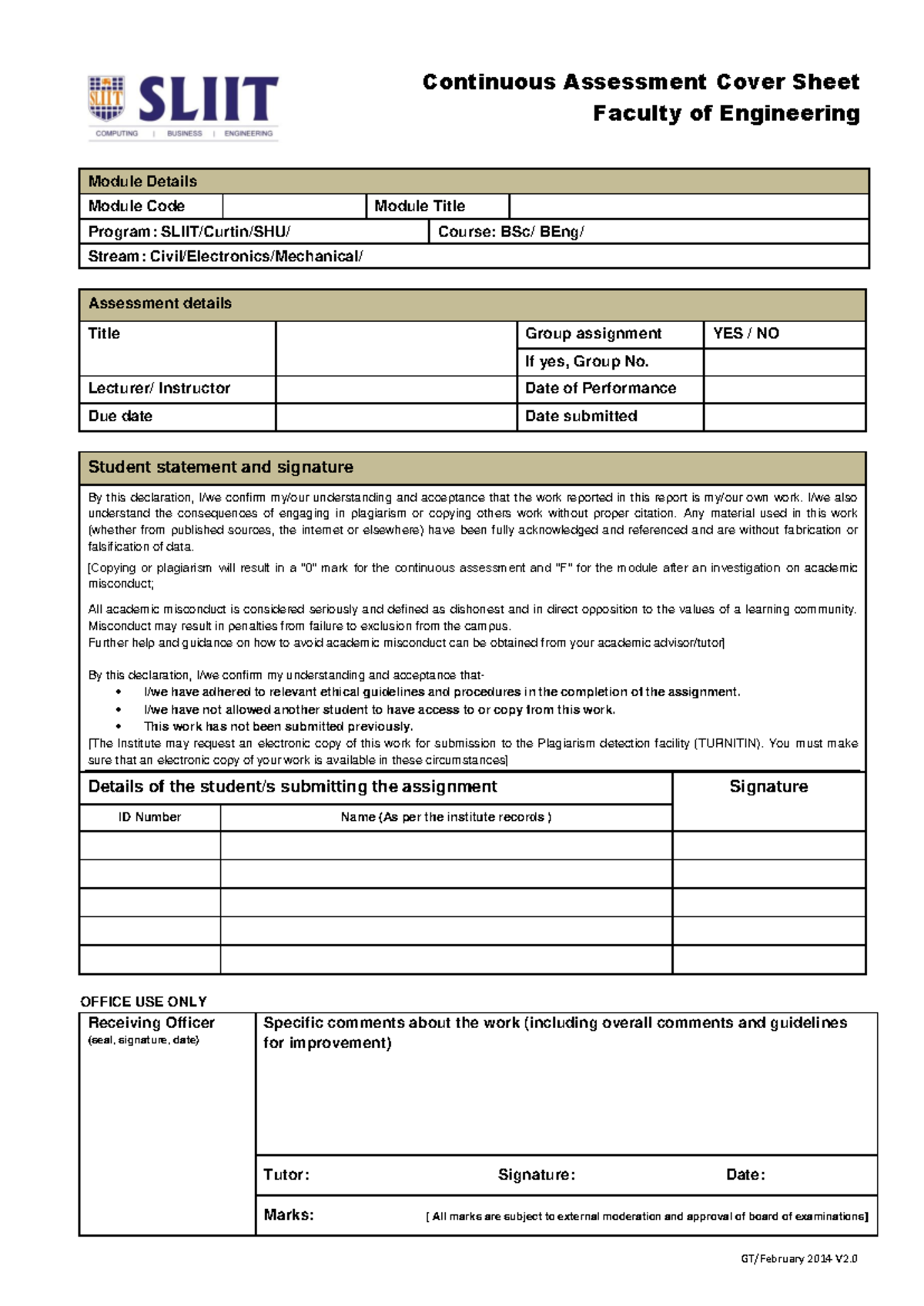 Continuous Assessment Cover Sheet - Engineering Module Details - Studocu
